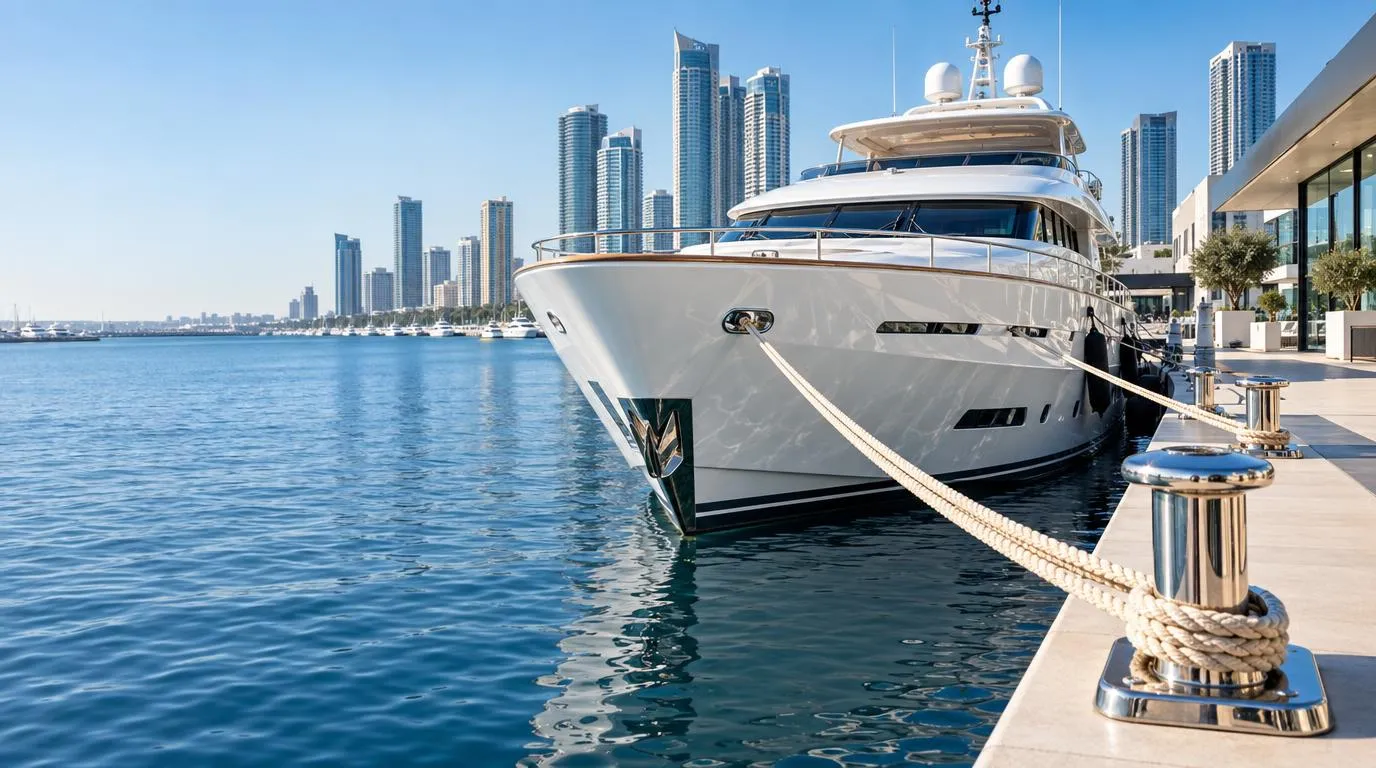 A white superyacht moored at a modern marina berth with city towers behind