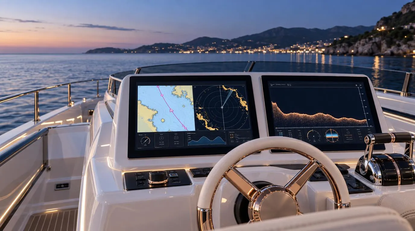 A white yacht helm console at blue hour with two glass displays glowing