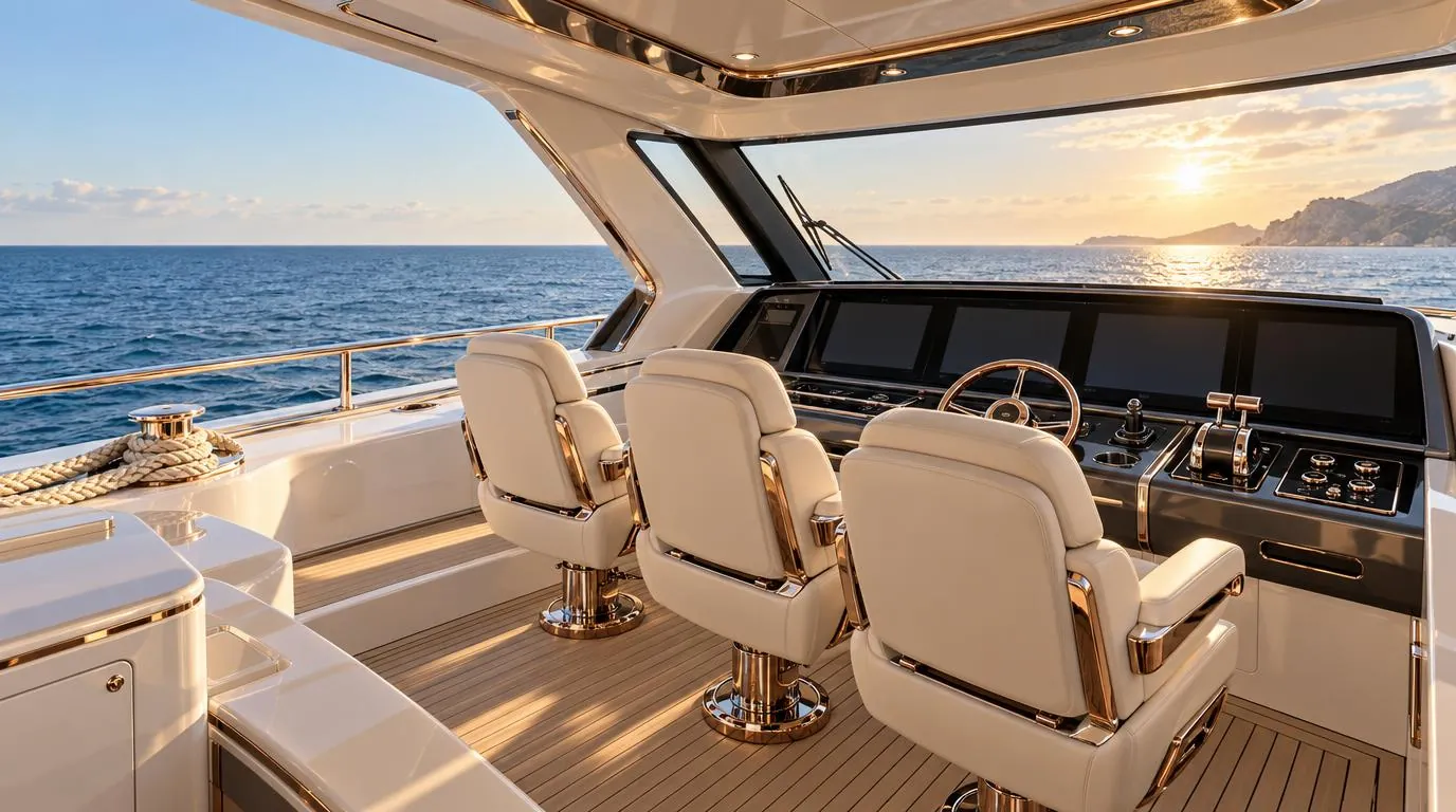 A superyacht bridge with three empty helm seats facing the open sea