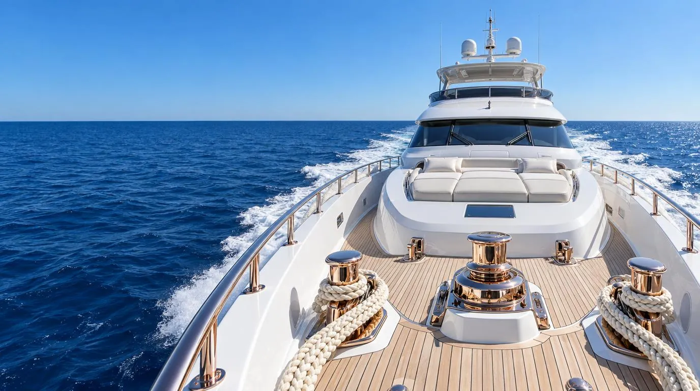 A superyacht under way on open blue water, seen from the bow