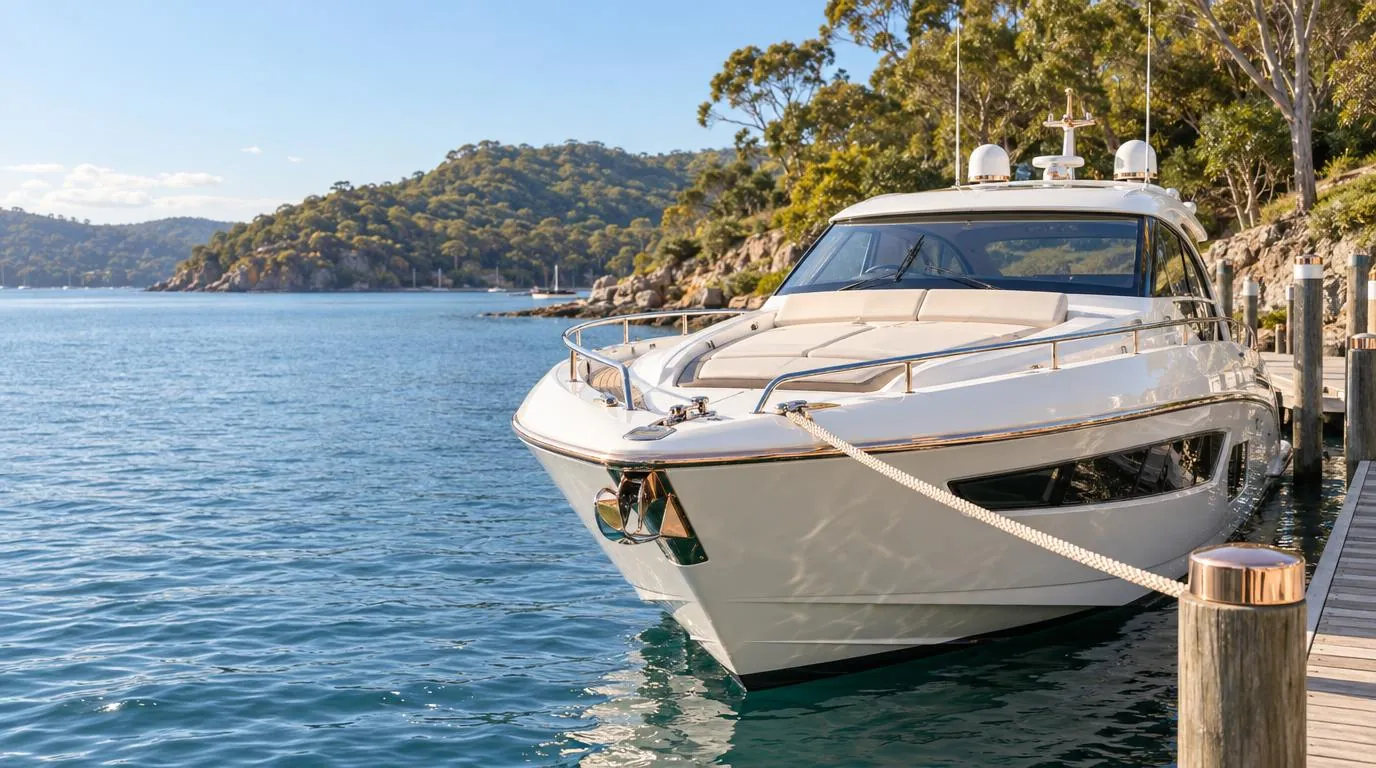 A white day cruiser moored at a regional marina, green coastal hills behind