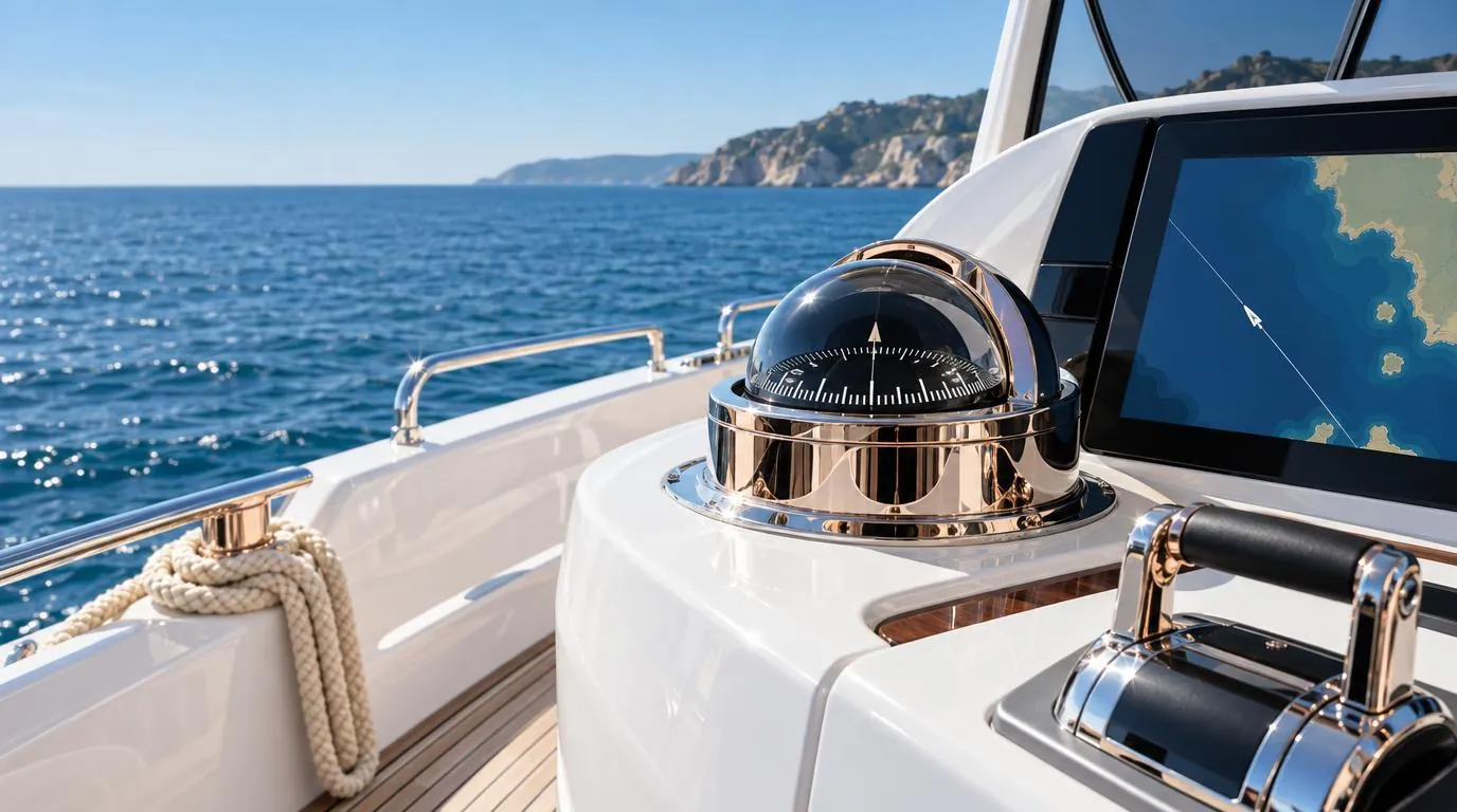 A binnacle compass beside a chartplotter showing a course line on a yacht console