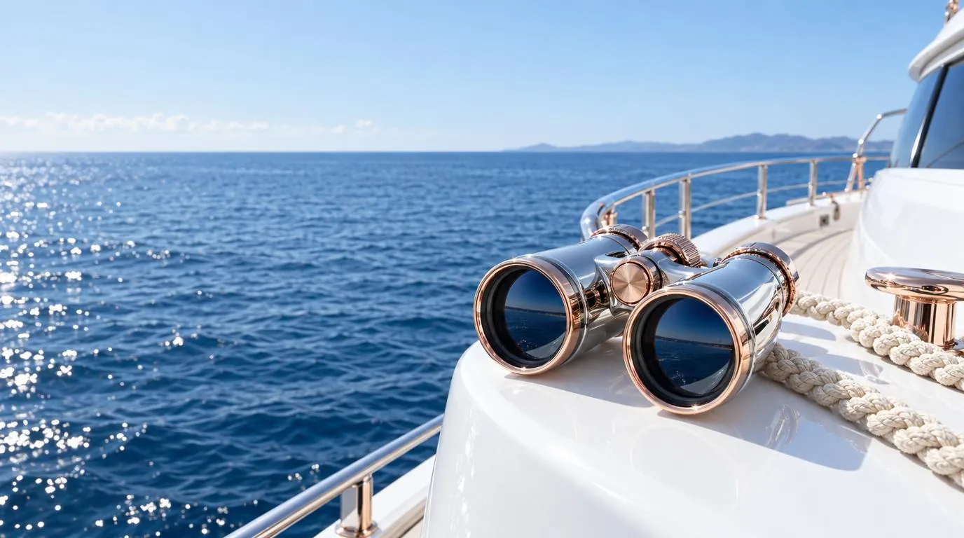 Chrome and rose-gold binoculars on a yacht's white bow rail, looking out to open sea