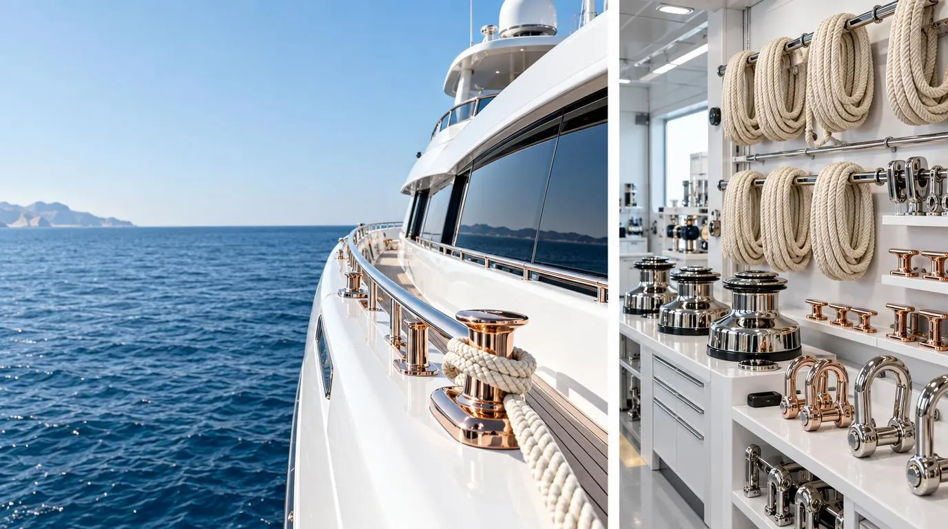 White workshop racks of cream rope, chrome winches and rose-gold fittings in ordered rows