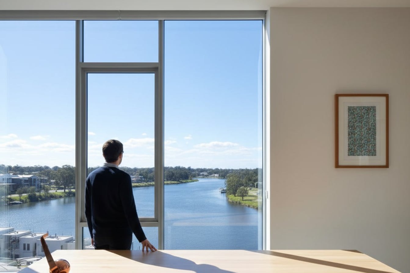 A director at a desk reading a printed Commonwealth tender notice about surface water rights, with a river visible through the office window.