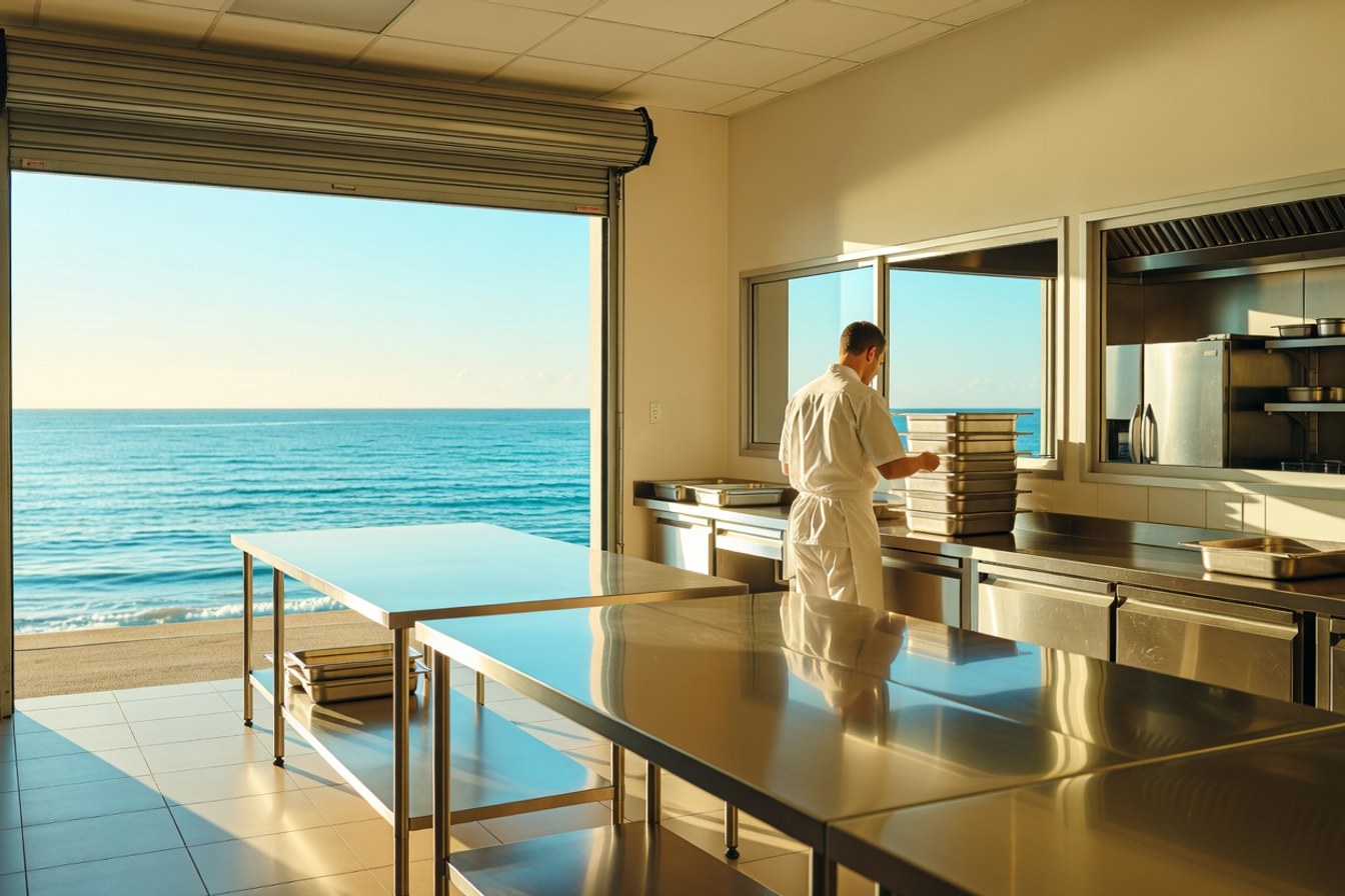 A coastal catering kitchen in early morning light, far from any construction site, standing in for the Games work that isn't venues.