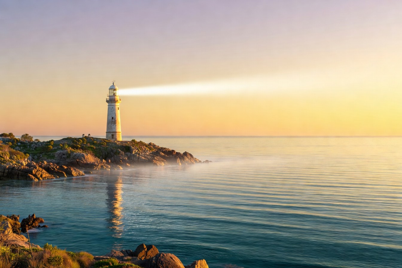 A lighthouse beam sweeping the coast at dawn, standing for the daily watch a business needs over every tender feed.