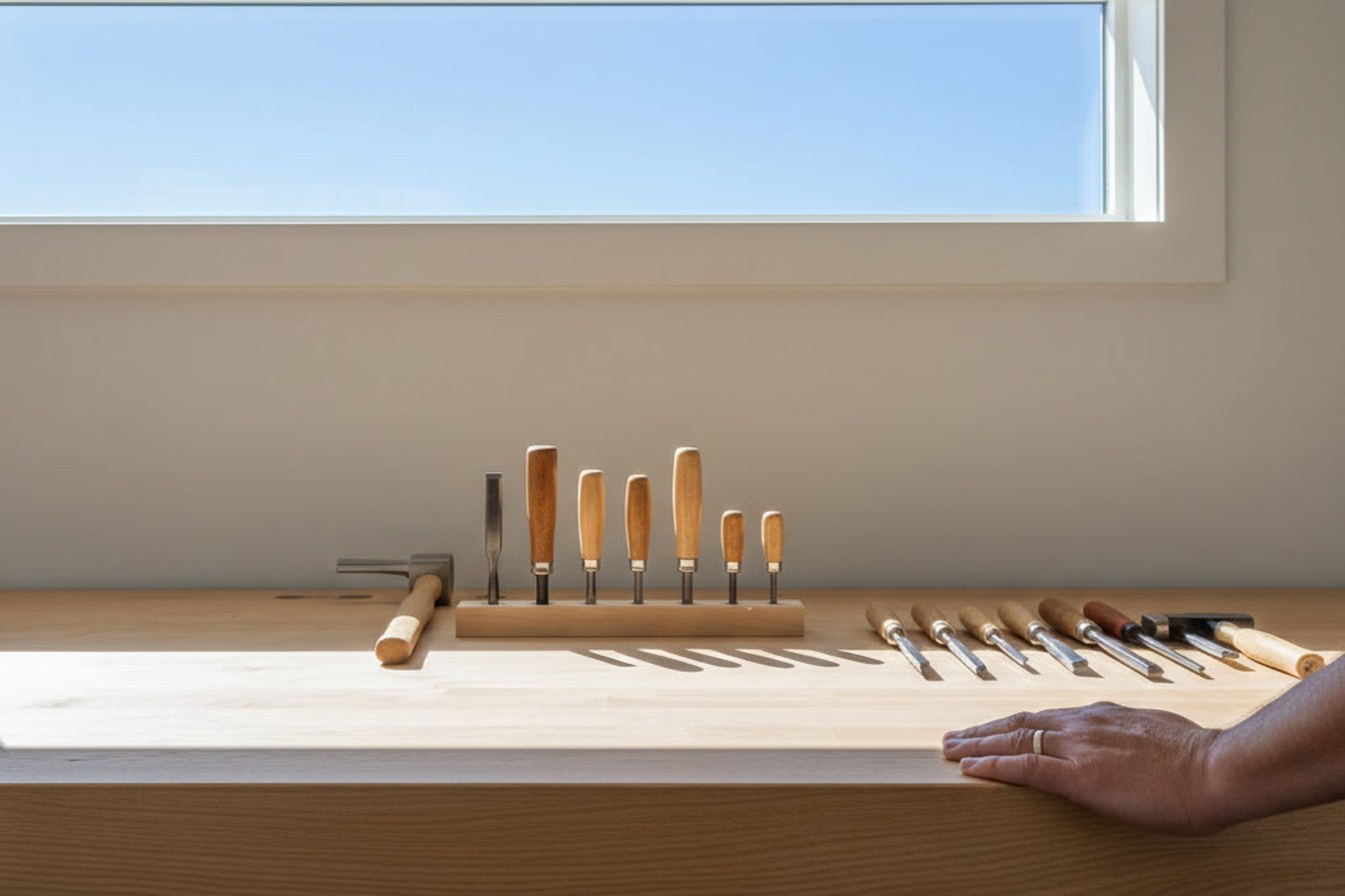 Hands resting beside neatly arranged tools on a workshop bench, symbolising getting the business's records and roles in order.