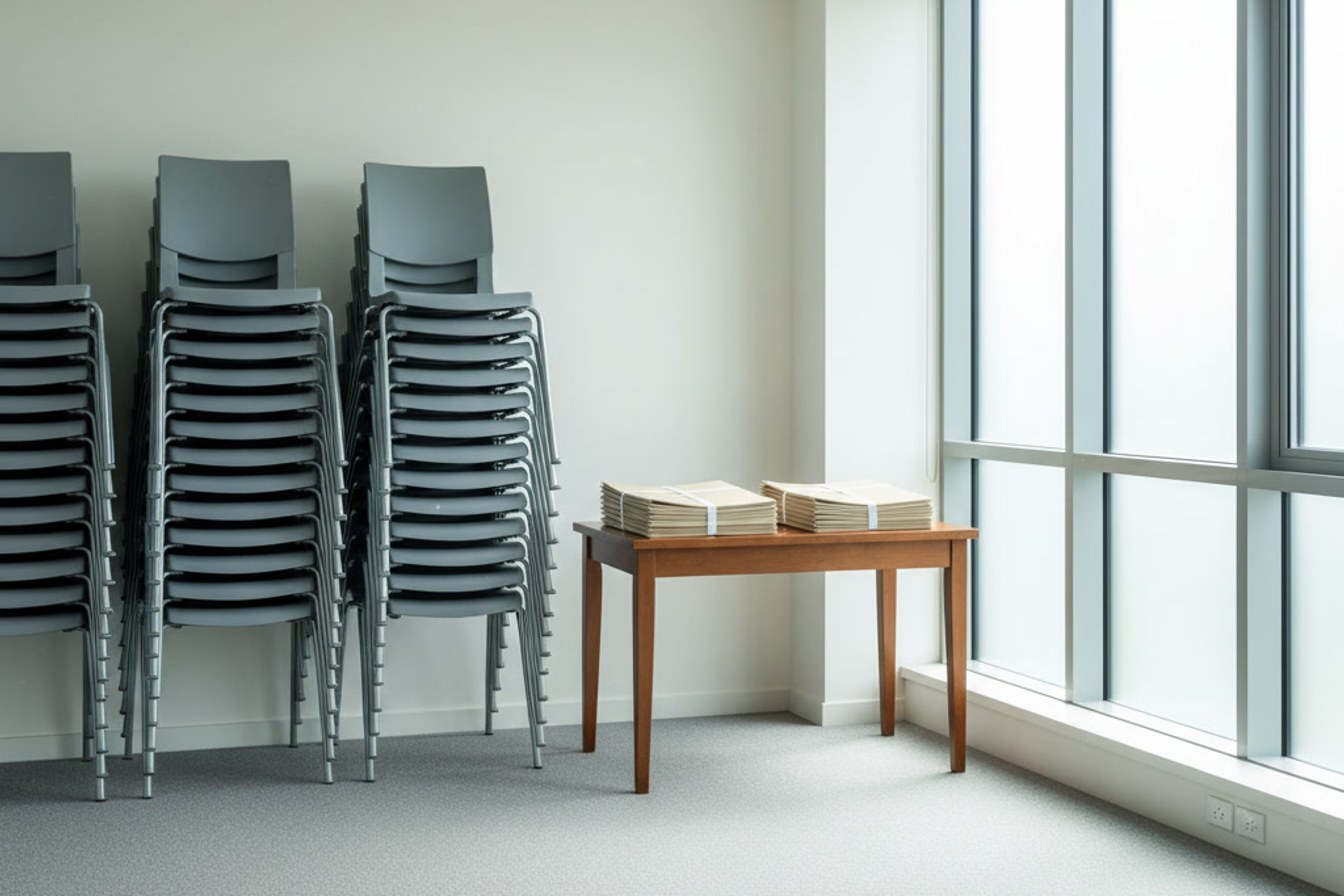 An empty regional training room with chairs and a small stack of folders, standing ready for the next course.