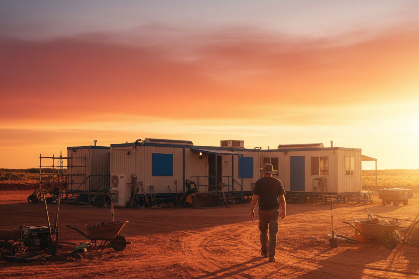 A remote community construction site at dawn, showing the kind of long-running program that combines building work with training and health services.