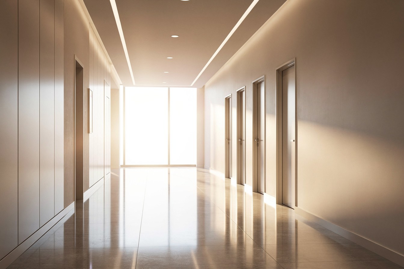 A corridor with five closed doors leading toward bright light, standing in for five jurisdictions with five different sets of rules.