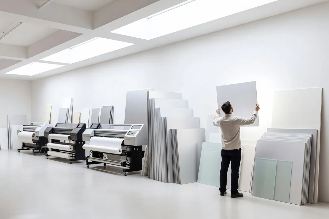 Wide view of a signage workshop with large printers and stacked panels, a worker seen from behind.
