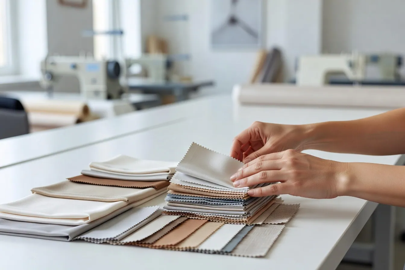 Hands sorting fabric swatches on a cutting table, representing choosing one part of a larger scope of work.