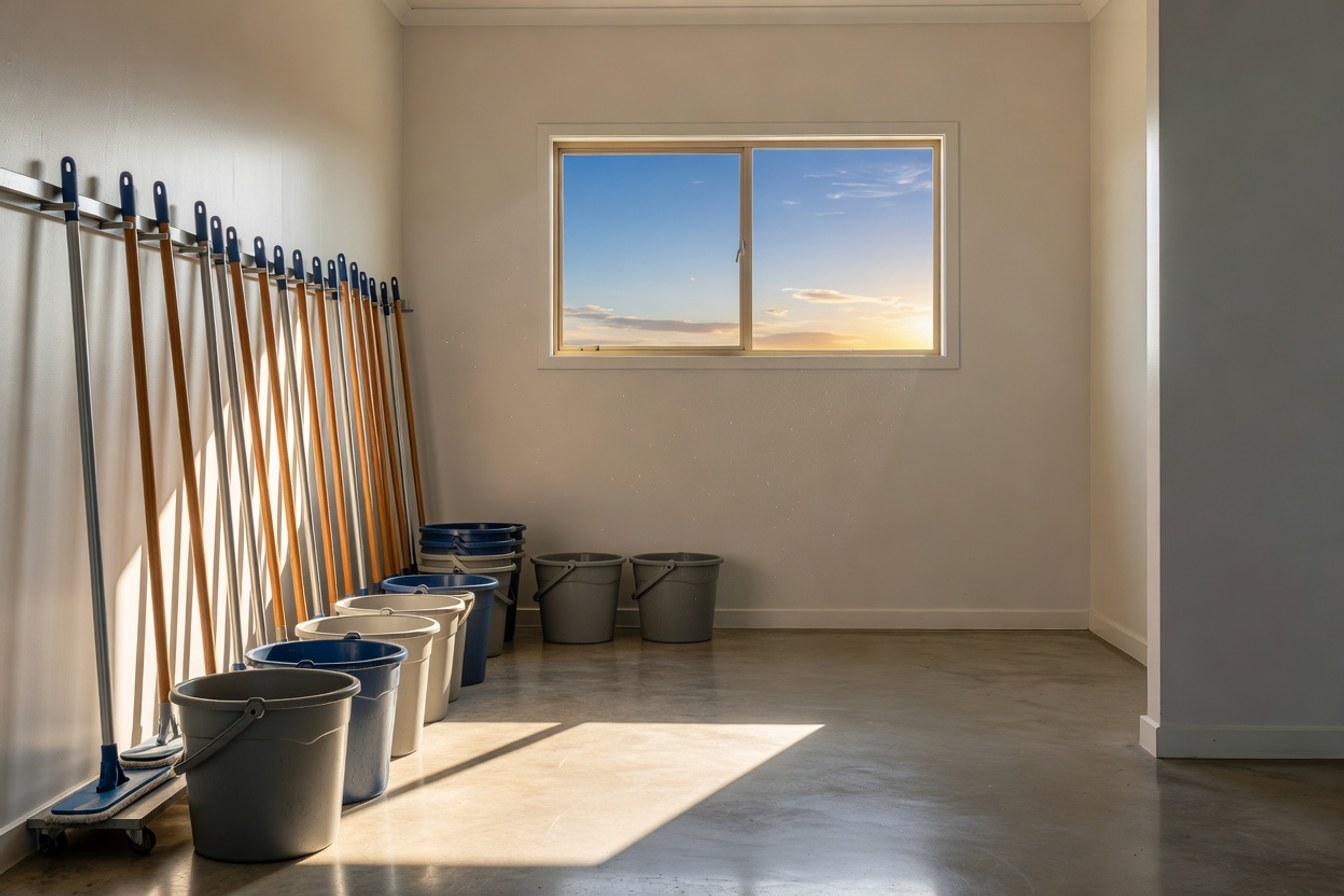 A neat storeroom of mops and buckets inside a regional council building, standing ready before a cleaning shift.