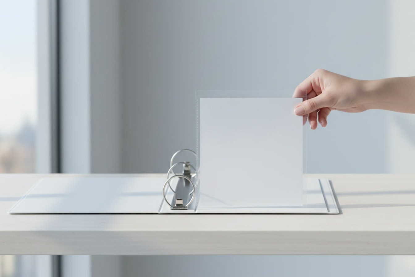 A hand filing a single insurance certificate into an otherwise empty binder, standing in for a business getting its paperwork ready in advance.