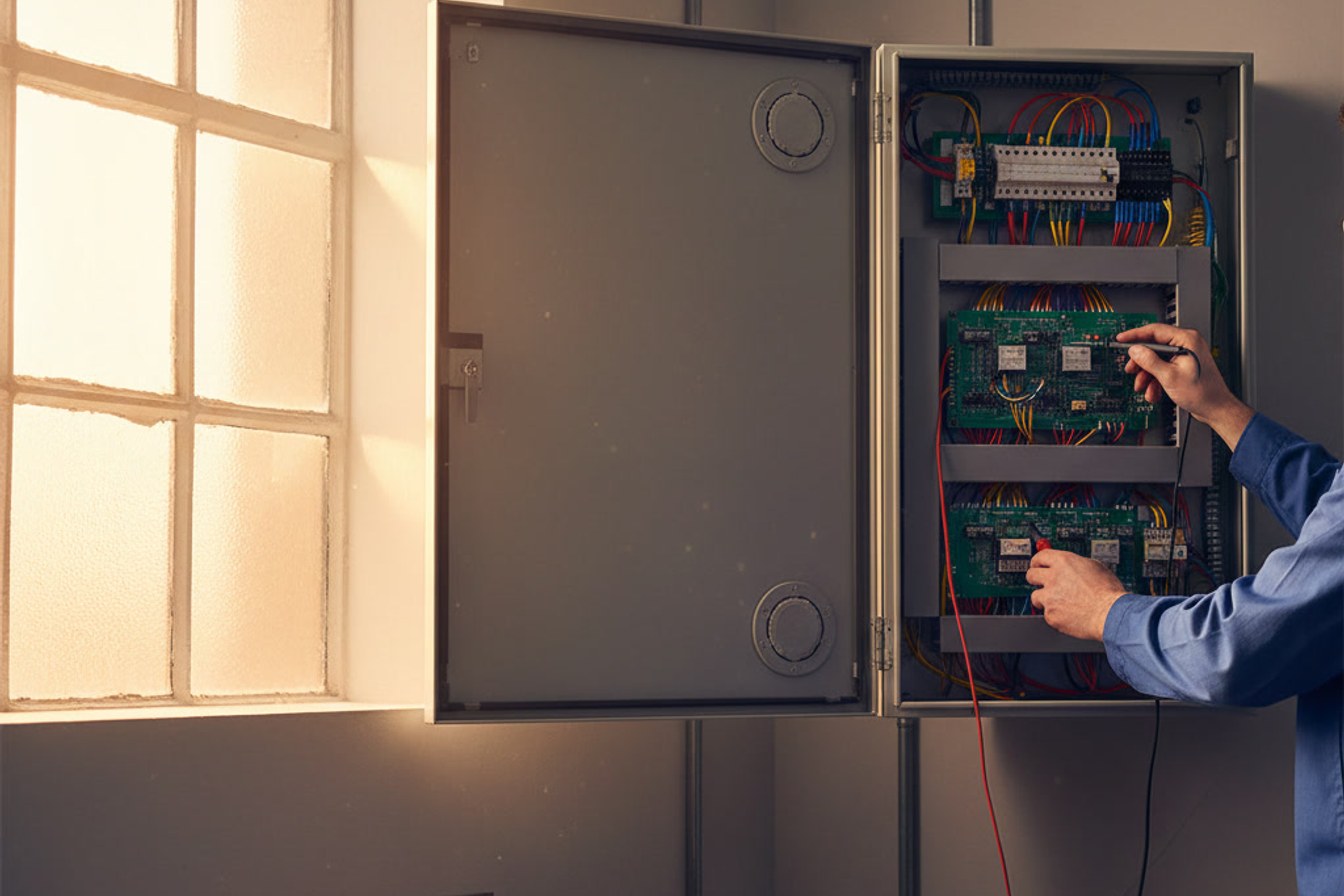 Hands testing a fire services control panel in a building plant room during a maintenance check.