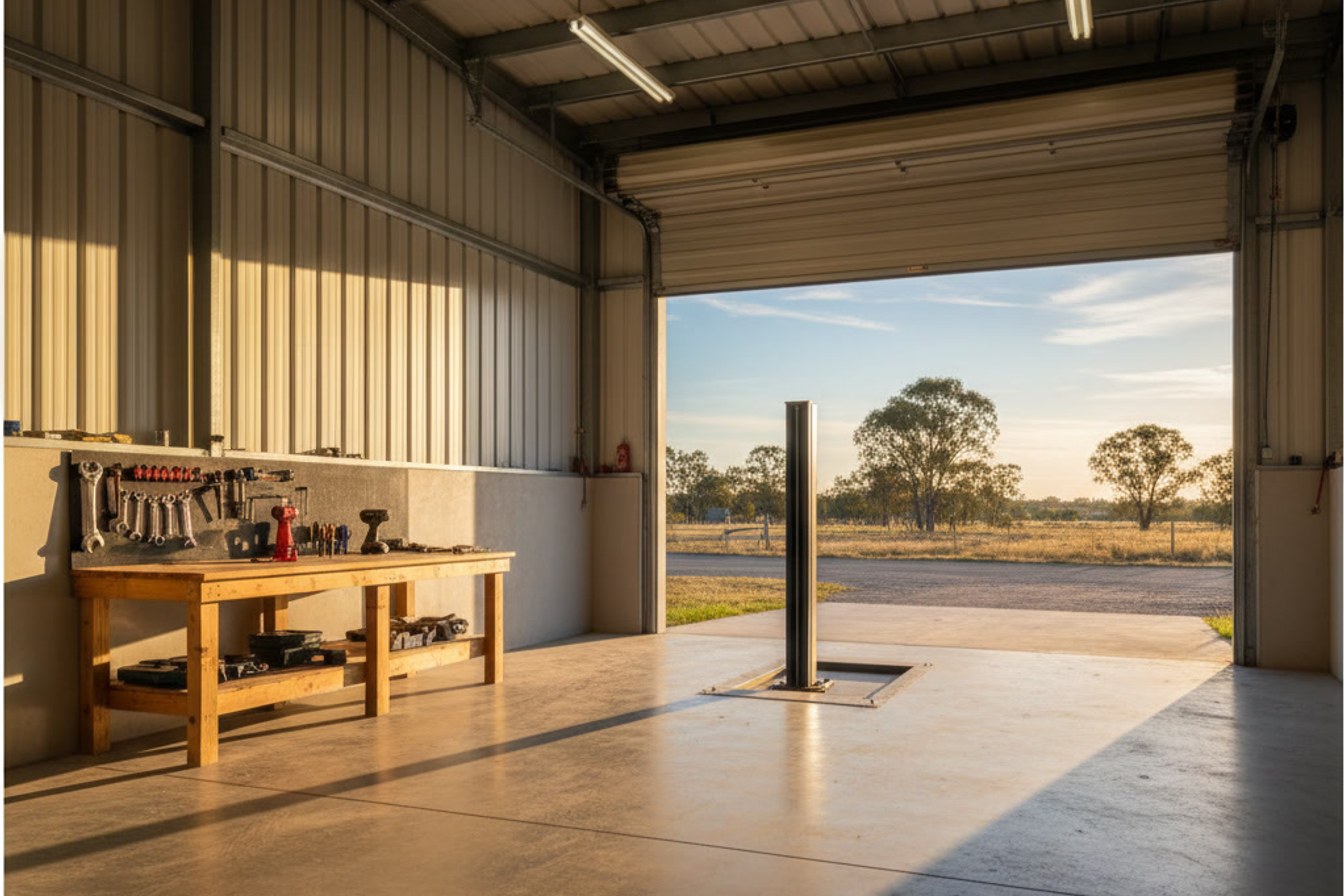 An empty small workshop bay with the door open, standing ready and unclaimed.