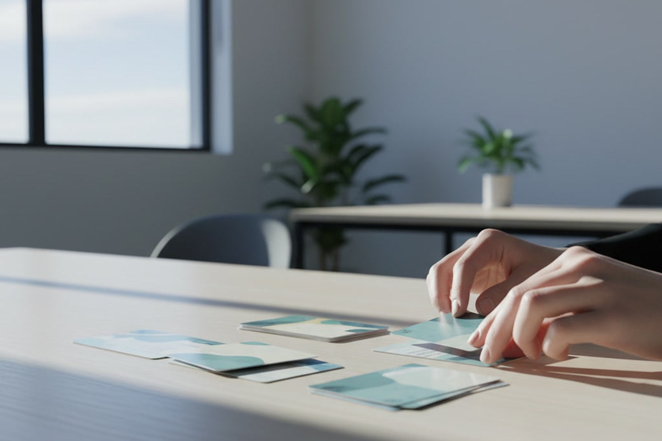 Hands sorting certificates and compliance cards on a table in a small business office.