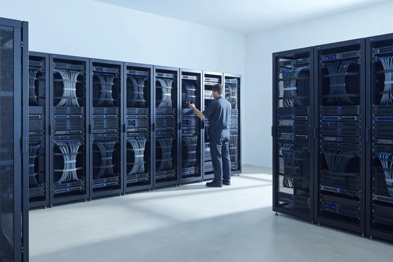 A small IT firm's server room, orderly and quiet, representing the work waiting behind a closed panel door.