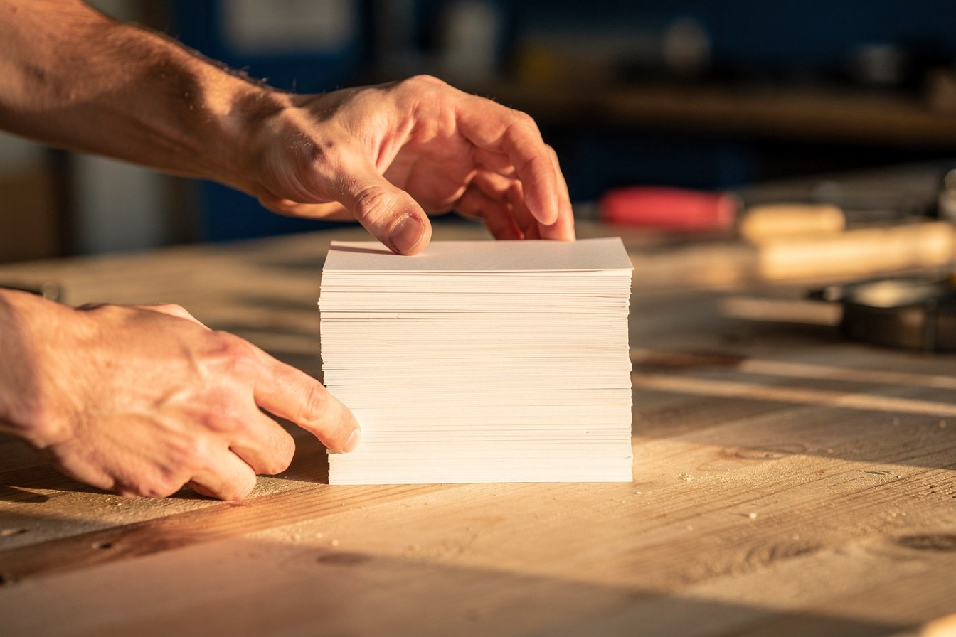 Hands arranging a small stack of identical business cards neatly on a bench, each one aligned the same way.