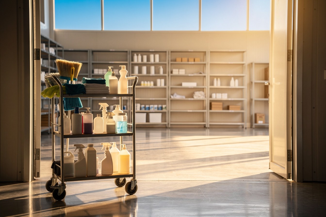 A near-empty supply room with one loaded trolley by the door, standing for the narrow window to prepare before a short council deadline closes.