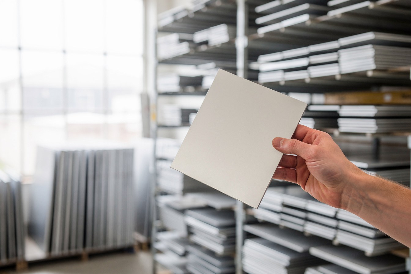 A hand holding a blank signage panel in a workshop, with racks of sign blanks softly lit behind.
