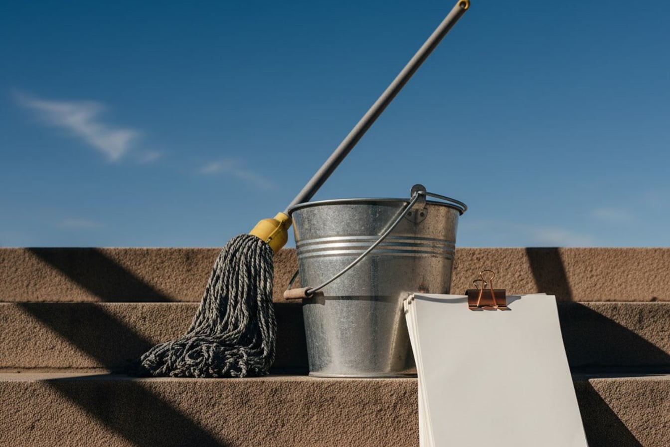 A council cleaning tender document open on a desk beside a mop and bucket, with the Cosmos Centre and racecourse listed among the sites to be cleaned.